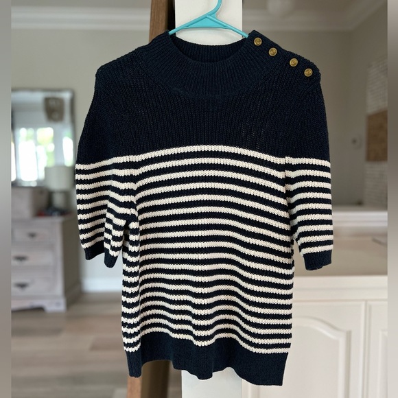 Anthropologie Maeve Divendra Navy Stripe French Blouse Gold Buttons Sz L - Picture 6 of 10